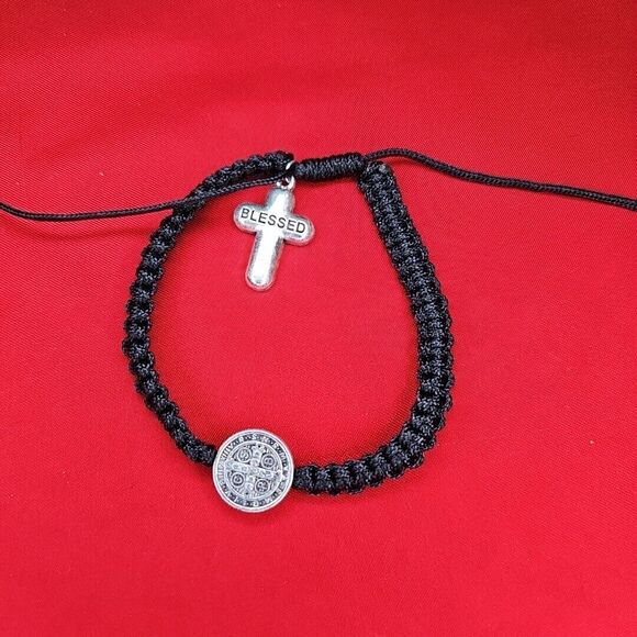 St. Benedict Blessed Cross Black Bracelet Adjustable String Silver Tone Metal - Picture 1 of 6